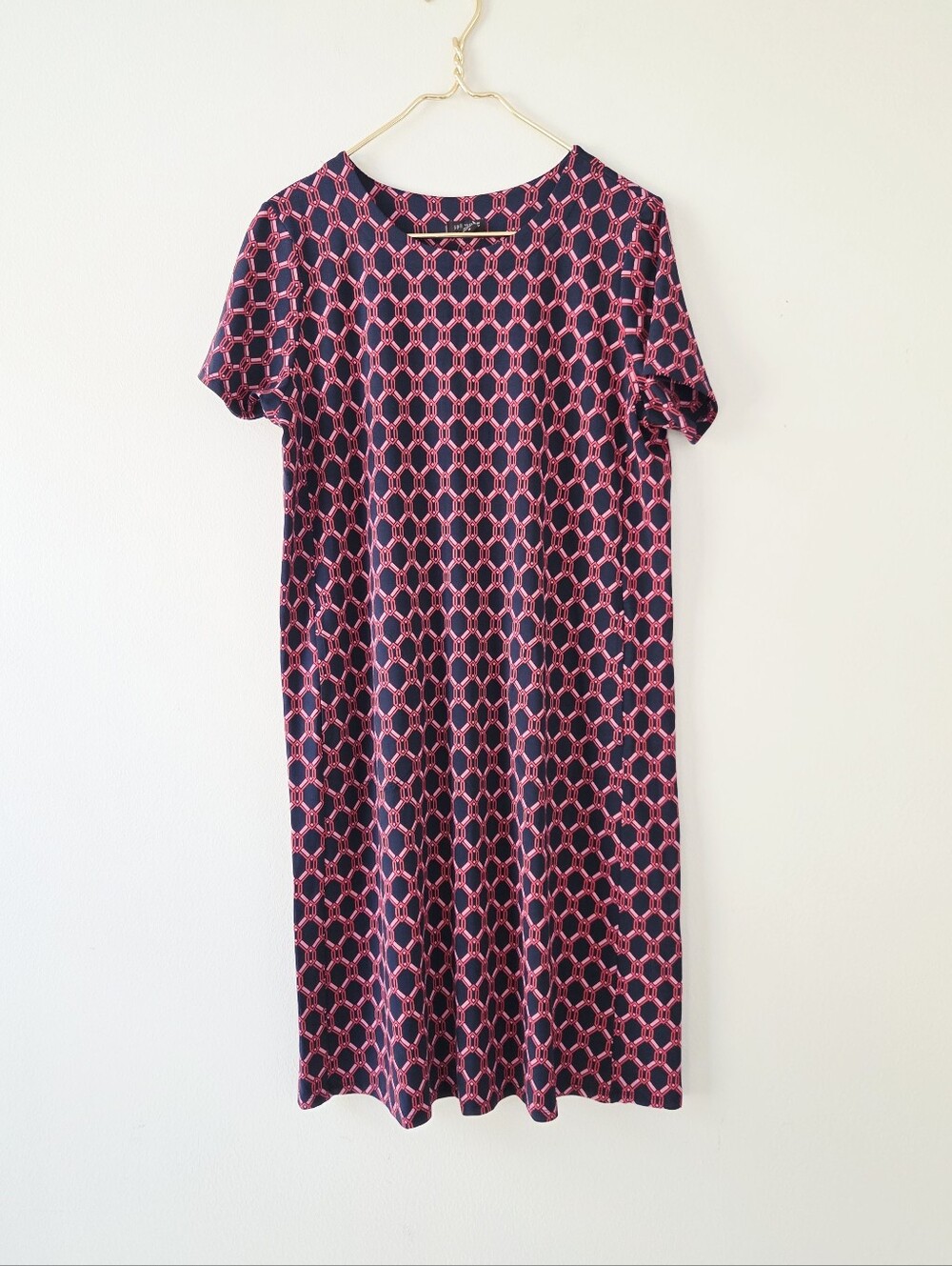 J. Jill Wearever T-Shirt Dress Navy Geo Knit Jersey Anti Wrinkle Medium Travel